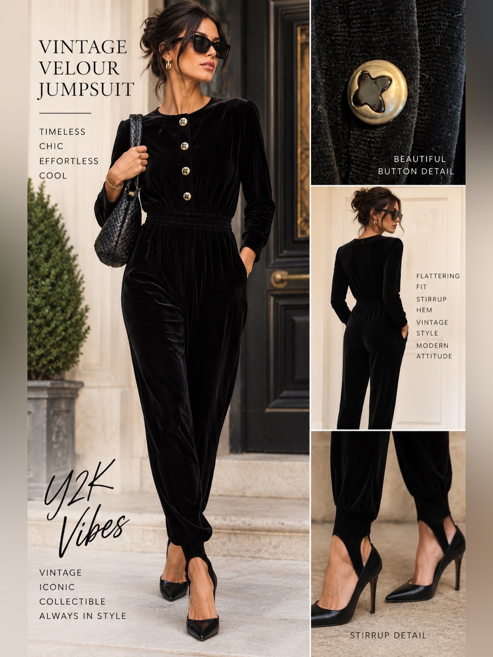 CLIO Velour Jumpsuit Stirrups Black Size 8 Vintage Rare
